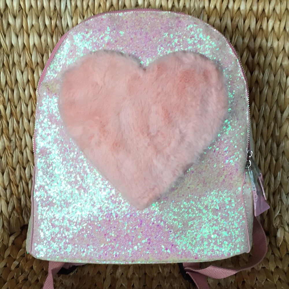 💕YRU Pink Fuzzy Heart Glitter Backpack